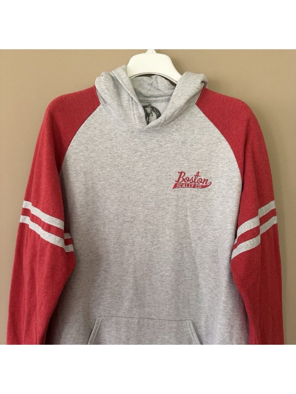 Boston Scally Hoodie Men XL Red Gray Varsity Pullover Sweatshirt Athletic Stripe